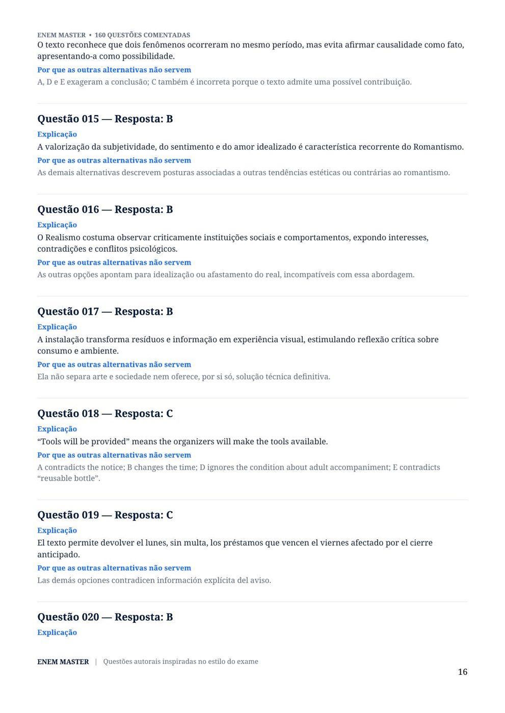 Blocos de 10 questões + grade de respostas rápida