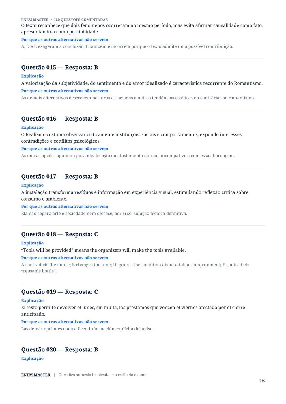 Blocos de 10 questões + grade de respostas rápida